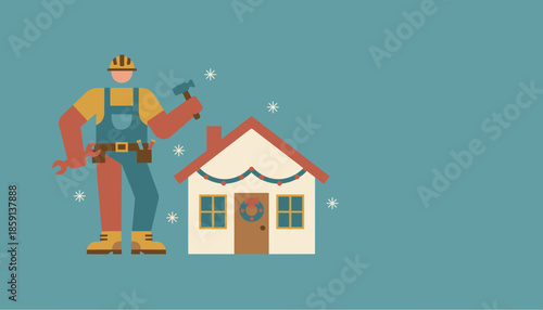 Handyman with tools fixing a festive decorated house in winter Home repair service graphic