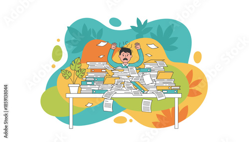 Man drowning in paperwork on a desk Concept of burnout stress and heavy workload