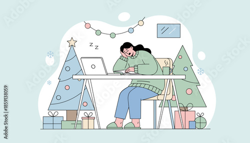 Exhausted woman sleeping at her desk while working during Christmas Holiday burnout concept