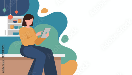 Woman sitting at home using a digital tablet for online tasks or leisure Modern flat vector design