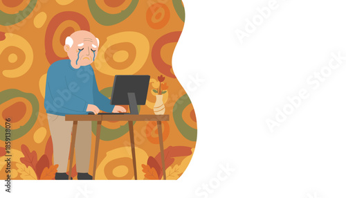 Crying senior man using a computer expressing loneliness sadness or technical difficulty