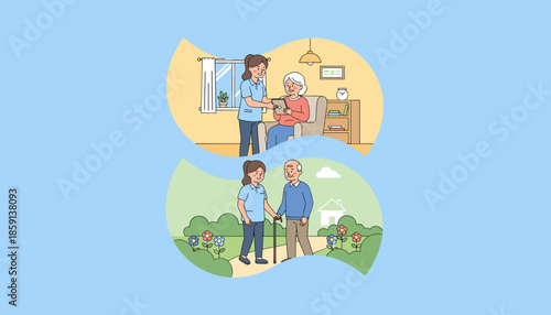 Professional caregiver assists seniors with indoor technology and outdoor walking support