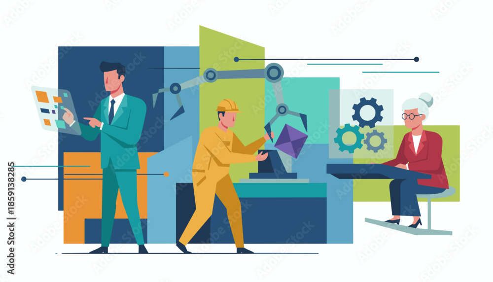 Obraz premium Business leaders factory workers and automation robots collaborate in smart modern industrial production