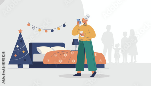 Happy senior woman uses a smartphone in a festive bedroom connecting with family during the holidays