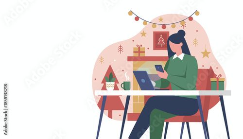 Woman using laptop and phone working remotely or shopping during the cozy Christmas holidays
