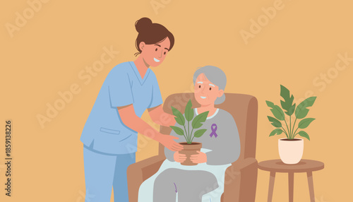 Compassionate nurse assists senior woman purple ribbon with plant health memory and support