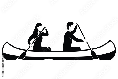 A simple black and white silhouette depicts a couple peacefully canoeing on calm waters enjoying a serene outdoor activity together