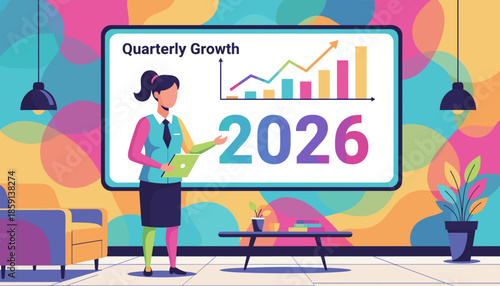 Businesswoman presenting 2026 quarterly growth chart showing success and financial planning