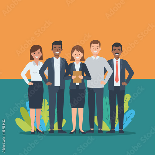 Diverse professional business team standing together illustrating collaboration and success