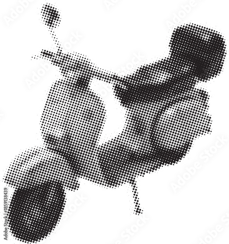 Abstract black and white halftone dot pattern with a blurred motorcycle
