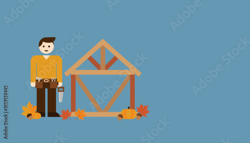 Smiling builder with tools stands next to a wooden house frame accented by autumn elements