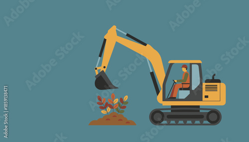 Excavator machine and worker near small colorful plants Industrial building development and ecology concept