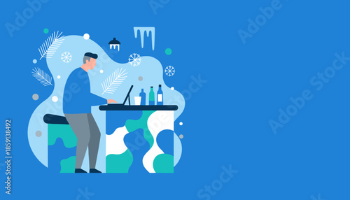 Freelancer uses laptop at a modern blue bar with winter decorations and drinks