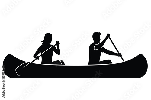A striking black and white silhouette depicts a couple peacefully canoeing on calm waters enjoying outdoor recreation together