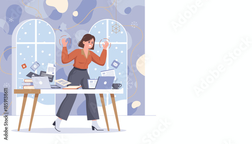 Overwhelmed woman stressed by work and technology at her desk during snowy winter