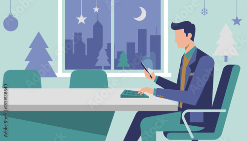 Businessman using phone and calculator in a festive office working late during the winter holiday season with city skyline view
