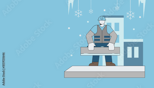 Professional service worker carrying equipment in freezing winter conditions Flat vector illustration