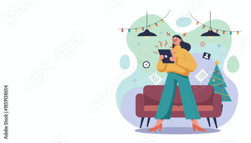 Stressed woman with holiday burnout facing technology issues and deadlines holding an angry broken tablet