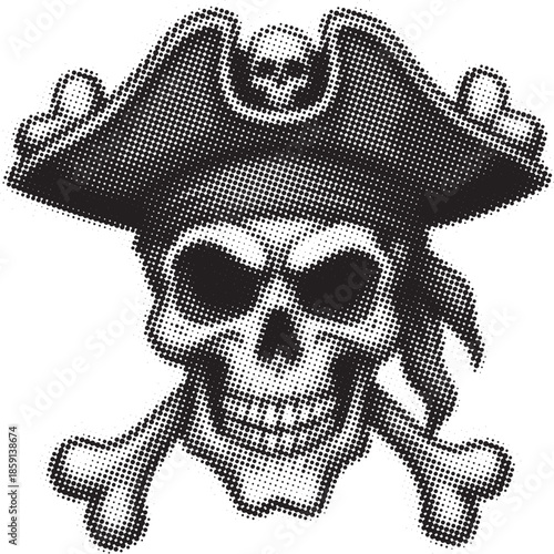A pixelated of a pirate skull and crossbones with a dotted pattern on a Halftone dot pattern