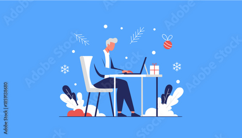 Professional working on a laptop during the winter holidays Remote work deadlines and festive Christmas spirit concept