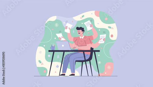 Multitasking professional busy with holiday deadlines and excessive paperwork using a laptop