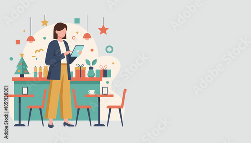 Small business owner using a tablet in her festive cafe Holiday retail management and technology illustration