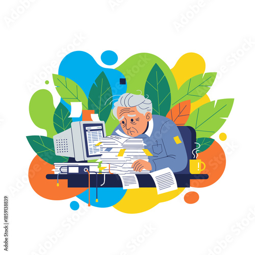 Stressed senior man overwhelmed by high workload and bureaucracy buried under paperwork at his office desk