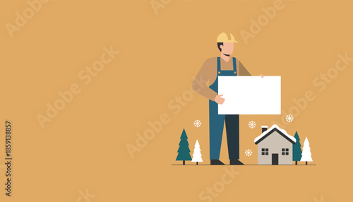 Construction worker holding blank banner near a snowy cottage Home repair and winter service illustration