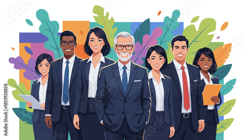 Confident diverse business team in suits Professional illustration of leadership teamwork and corporate success with nature elements