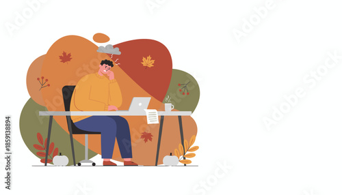 Stressed worker dealing with burnout and pressure at an autumn desk setting
