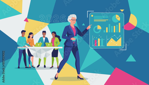 Experienced business leader presents strategic data visualizations and charts for 2026 planning to a diverse corporate team