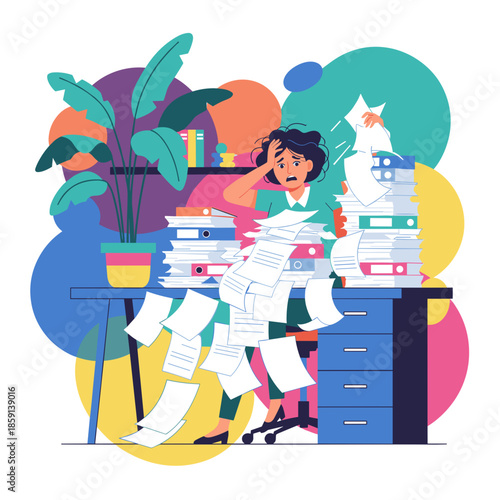 Overwhelmed office worker drowning in stacks of paper and folders Concept of stress workload and burnout
