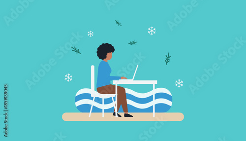 Remote work lifestyle Woman using laptop by abstract waves and snowflakes Digital nomad concept