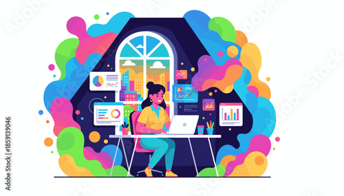 Woman analyzing data on a laptop in a colorful modern office setting overlooking the city Remote work and analytics concept