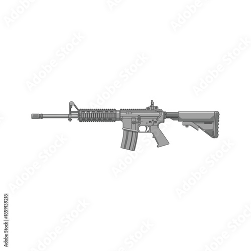 Automatic M16 military assault rifle and machine gun weapon vector illustration with metal barrel and trigger isolated on white background
