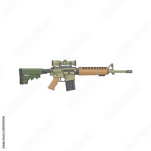 Old rusty metal key isolated on a white background with an automatic m16 rifle barrel and m4 trigger illustration