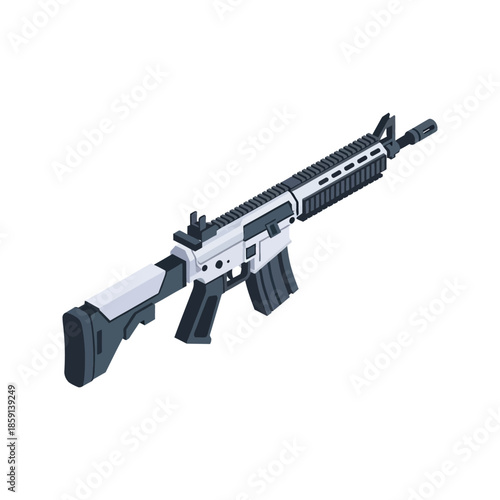 Military M16 automatic assault rifle and black machine gun with bullets isolated on a white background for army shooting danger