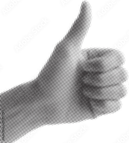 A pixelated of a thumbs up gesture with a dotted pattern on a white Halftone dot pattern