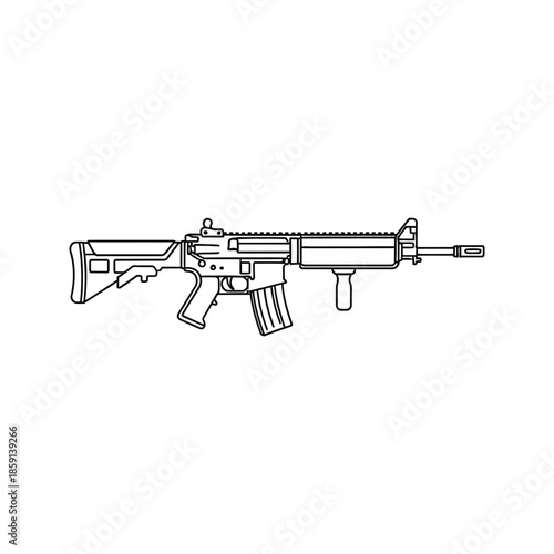Vector illustration of a black military assault rifle like an M16 or AR15 isolated on white, a dangerous automatic machine gun weapon used by the army for shooting in war