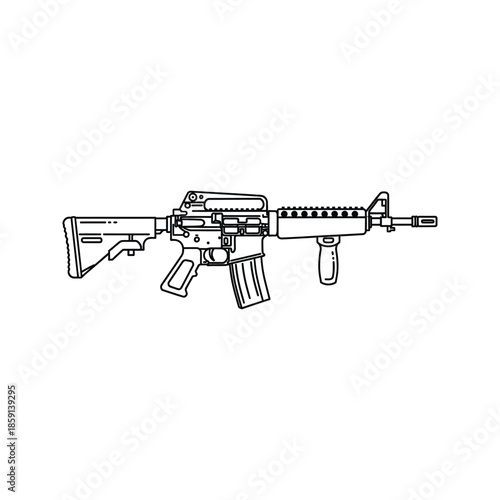 Military assault rifle and handgun with ammunition isolated on a white background as a black vector illustration of an automatic M16 carbine weapon