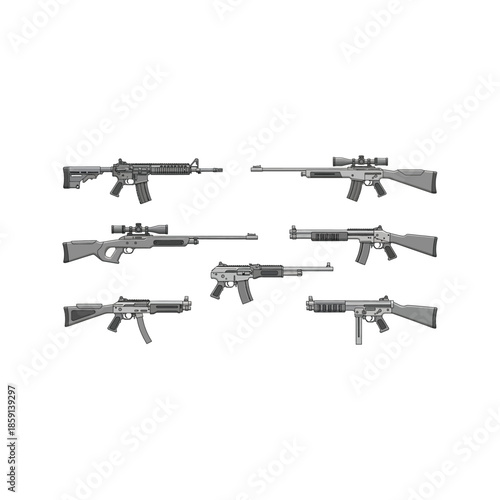 Automatic military assault rifle and sniper handgun set isolated on white background as a black vector illustration of a firearm weapon used by an army soldier in war