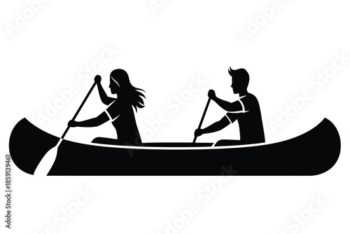 a minimalist black and white illustration depicts a couple canoeing together on calm waters showcasing teamwork and outdoor recreation