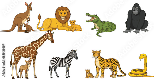 Cute cartoon safari wild animals family set with lion giraffe zebra cheetah kangaroo crocodile gorilla snake vector illustration isolated on white background