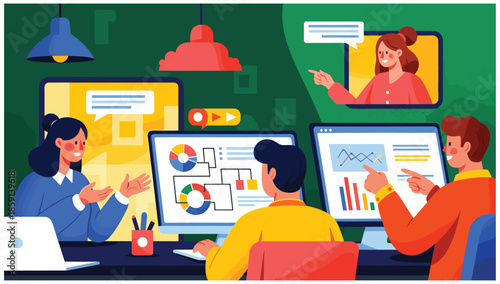 Team communication and project management concept. Workflow and organization of work between employees and colleagues. Men and women discuss project via video link. Cartoon flat vector illustration