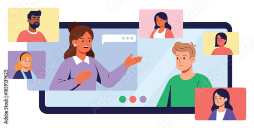 Team communication and project management concept. Workflow and organization of work between employees and colleagues. Men and women discuss project via video link. Cartoon flat vector illustration