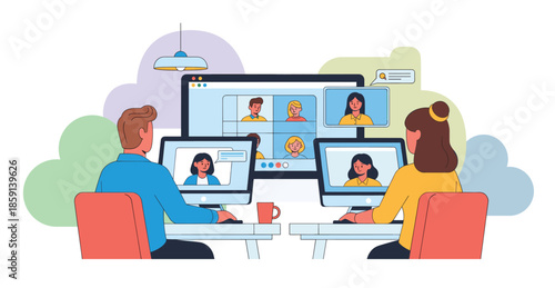 Team communication and project management concept. Workflow and organization of work between employees and colleagues. Men and women discuss project via video link. Cartoon flat vector illustration