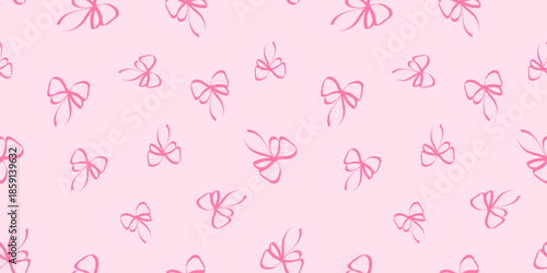 Doodle outline bows seamless pattern. Cute coquette ribbon bow pink background. Girly retro outline bowknot ornament 