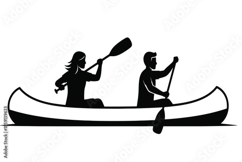 A striking black and white silhouette depicts a couple peacefully paddling a canoe on calm waters showcasing outdoor recreation