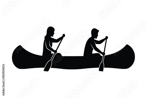 A minimalist black silhouette depicts two people paddling a canoe on calm waters emphasizing recreation and outdoor activity