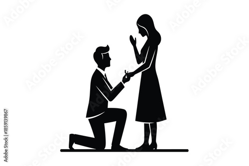 a striking black silhouette depicts a romantic scene of a man proposing to a woman symbolizing love and commitment